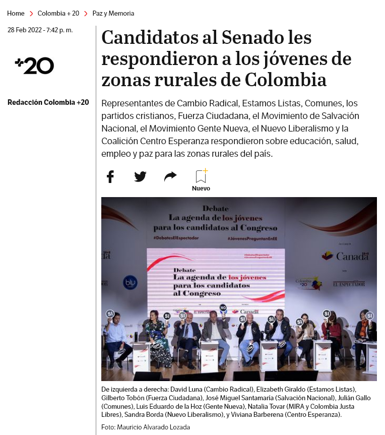 Candidatos al Senado les respondieron a los jóvenes de zonas rurales de Colombia - Fuente: ElEspectador.com 02/28/2022